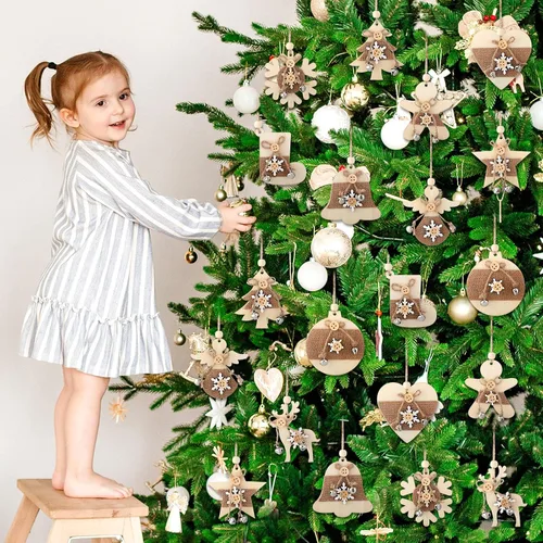 Miniatura 5 de Soaoo - Juego de 20 adornos rústicos de madera de Navidad, adornos de madera de reno, estrella, adornos de madera para árbol de Navidad con campana