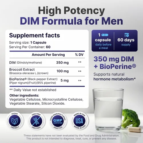 Miniatura 3 de DIM para hombres 350 mg de alta potencia con BioPerine y extracto de brócoli - Complejo total de 455 mg para equilibrio de estrógeno y optimización