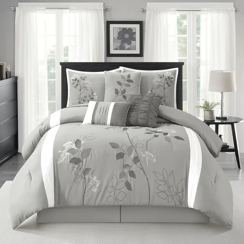 Miniatura 14 de Grand Avenue Juego de edredón Blush King, ropa de cama bordada con costuras de cadena, juego de cama floral de 7 piezas, edredones, falda de cama