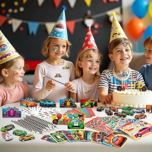 Miniatura 6 de BenLouis 96 piezas de recuerdos de fiesta de autos de carreras con tema de carreras, juego de papelería escolar a granel para niños, ruedas