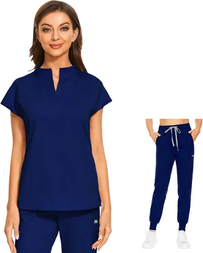 VIAOLI Conjunto de uniforme médico para mujer con cuello en V y pantalón deportivo y 8 bolsillos para enfermería y trabajo clínico