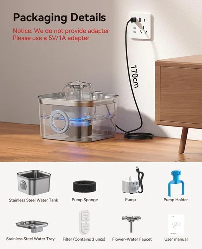 Miniatura 8 de Fuente de agua para gatos de acero inoxidable, 2.8 L con bomba ultra silenciosa de 20 dB, ideal para mascotas tímidas, ventana LED de nivel de agua