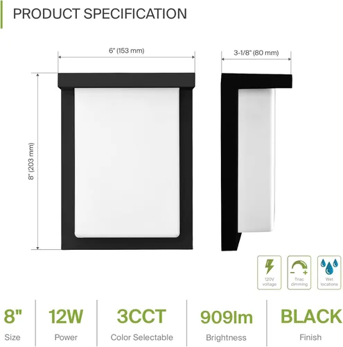 Miniatura 2 de ASD Lámpara LED de pared para exteriores de 8", aplique de casa para puerta delantera 3CCT, regulable, impermeable, certificada por ETL 12W