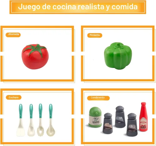 Miniatura 7 de Bruvoalon Juego de 32 juguetes de cocina para niños, accesorios de cocina con ollas, sartenes, utensilios de cocina, alimentos, verduras enlatadas