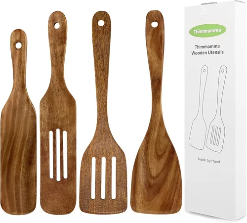 Miniatura 8 de Espátula de Madera Antiadherente Volteador de Madera de Acacia, Espátulas Planas para Freír con Mango Largo de 12 Pulgadas Hechas a Mano