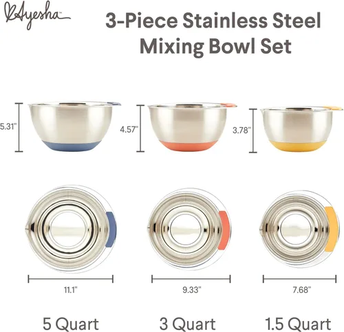 Miniatura 2 de Ayesha Curry Kitchenware Pantryware - Cuencos para mezclar de acero inoxidable, juego de 3 piezas, color plateado con asas