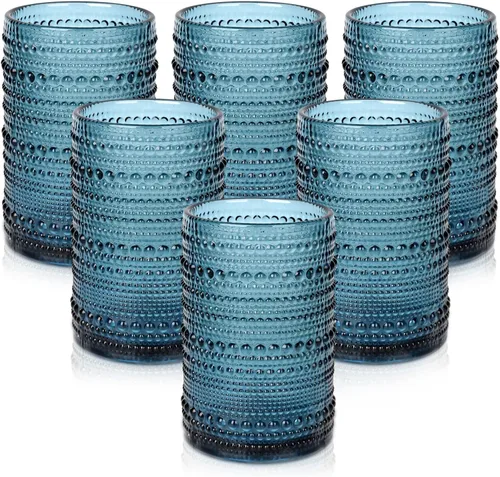 ZMOWIPDL Juego de vasos de vidrio vintage de 6 vasos de vidrio de hobnail de 15 onzas, vaso de agua azul en relieve, para cerveza, cóctel, whisky,
