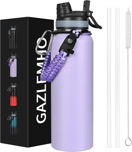 Miniatura 10 de GAZLEMHO Botella de agua aislada de 40 onzas con pajilla y boquilla, tapa 2-en-1, acero inoxidable de triple pared al vacío, fría durante 48H, a