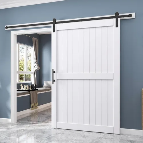 Miniatura 16 de EaseLife - Puerta de granero de 48 x 84 pulgadas en blanco con kit de herrajes deslizantes de 8 pies incluido y manija, madera maciza cubierta