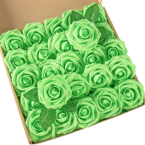 Miniatura 6 de DuHouse 25 rosas artificiales con tallos, flores de espuma de tacto real para bricolaje, ramo de boda, centro de mesa, arreglo floral, fiesta, Verde