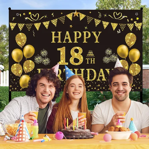 Miniatura 5 de Trgowaul Decoraciones de cumpleaños número 18 para hombres, pancarta de fondo negro y dorado de 5.9 x 3.6 pies, suministros de fotografía de feliz