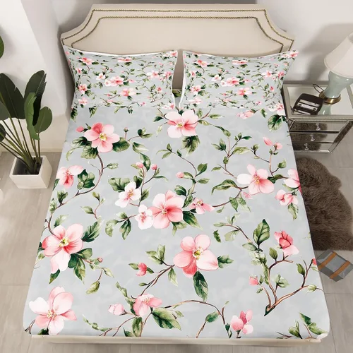 Juego de ropa de cama de flores de hibisco, sábanas de plantas florales tropicales, sábana bajera botánica de Althea Shrubalthea, decoración de ropa