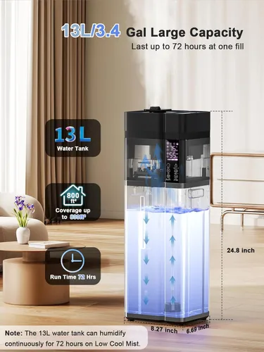 Miniatura 4 de Humidificadores de 13L/3.4 galones para dormitorio, humidificador ultrasónico de niebla cálida y fría para habitación grande, cubre 800 pies