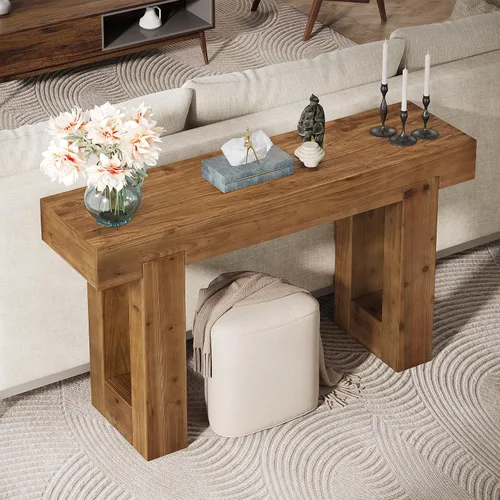 Miniatura 4 de Mesa consola de madera maciza, mesa de sofá de granja de 55 pulgadas detrás del sofá, consola rectangular con doble base para entrada, pasillo, sala