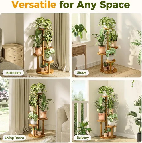 Miniatura 5 de Bamworld Soporte para plantas de 3 niveles para interiores, estante esquinero de madera para múltiples plantas, soporte redondo pequeño para flores