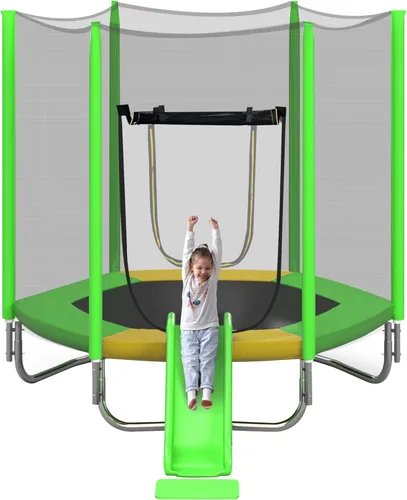 Miniatura 7 de Merax - Trampolín para niños de 7 pies con red de seguridad, tobogán y escalera, fácil de montar, redondo, para recreación al aire libre Verde