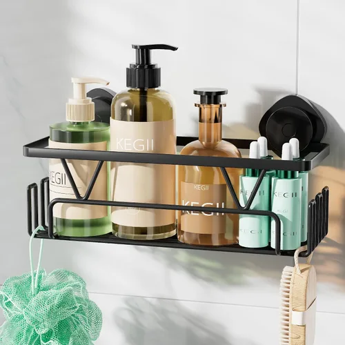 KEGII Organizador de ducha con ventosa con ganchos, estante de succión de ducha de gran capacidad, organizador de baño resistente, soporte de champú