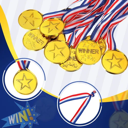 Miniatura 3 de Sotiff Medallas ganadoras de plástico para niños, medallas de oro para fiestas, juegos, deportes, disfraces y más, 1.4 x 1.7 pulgadas