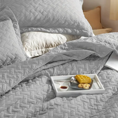 Miniatura 3 de Bedsure Colchas de tamaño Queen: colchas ligeras tamaño Queen con patrón de tejido de canasta, ropa de cama suave, colcha de edredón gris claro