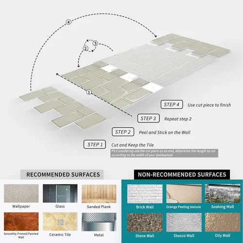 Miniatura 5 de 10 hojas adhesivas para baldosas, pegar y despegar para salpicaduras 12"x12