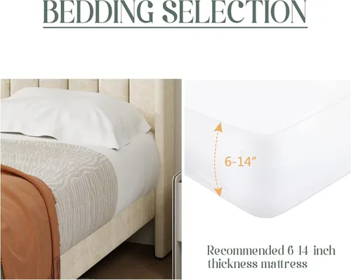 Miniatura 4 de alazyhome - Marco de cama tapizado de plataforma tamaño Queen con cabecera, soporte de listones de madera, sin ruido, fácil montaje, terciopelo beige