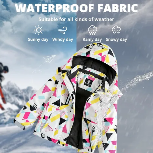 Miniatura 4 de Simplee Kids Chaqueta de esquí impermeable para niñas, abrigo de invierno colorido con capucha