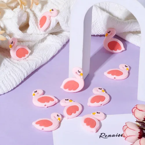 Miniatura 3 de Beadthoven - 10 cuentas de silicona de flamenco rosa de 1.188 pulgadas (1.181 in) cuentas de animales de pájaro DIY pulsera collar cuentas focales