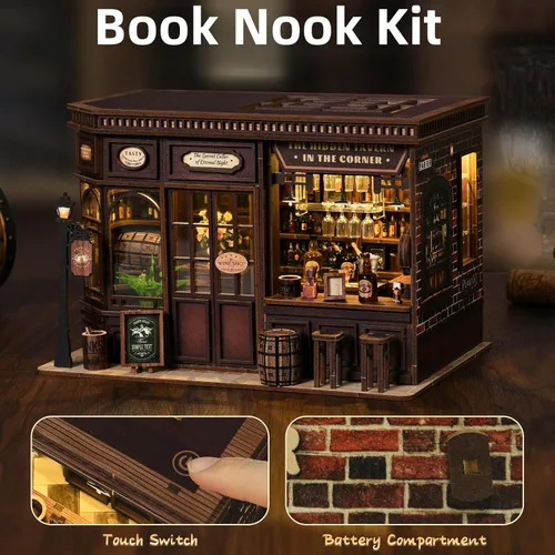 Miniatura 5 de Kit de rincón de libros, casa de muñecas en miniatura para adultos, rompecabezas de madera 3D, decoración con luz LED, regalo para los amantes