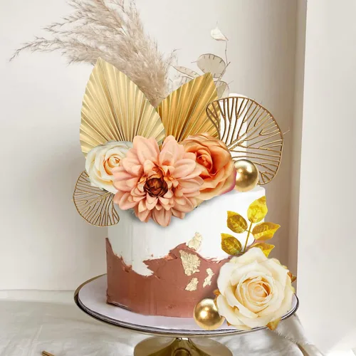 Miniatura 5 de DRWATE Topper para Tartas, 11 Piezas de Flores Bohemias con Hojas Doradas, Decoraciones para Tartas para Bodas, Baby Shower, Suministros