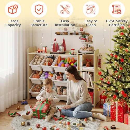 Miniatura 10 de DOREROOM Organizador de almacenamiento de juguetes con estantería, almacenamiento de juguetes para niños y organizadores con 3 estantes, 9