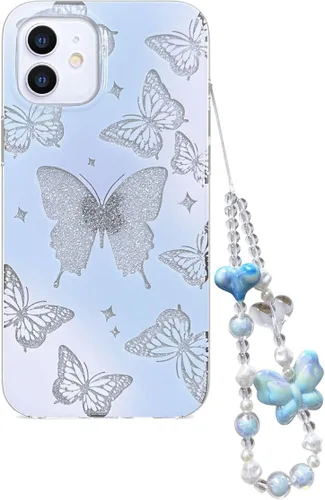 Abbery - Funda diseñada para iPhone 12/12 Pro con purpurina, transparente y linda con diseño de mariposa, correa para la muñeca, brillante,