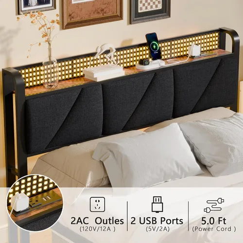 Miniatura 3 de Furnulem Base de cama Queen con cabecero y estante de almacenamiento, luz LED y estación de carga, cama de plataforma de metal con listones