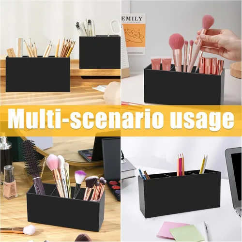 Miniatura 7 de Cerpourt Organizador de brochas de maquillaje negro, soporte de almacenamiento de brochas cosméticas de acrílico con 3 ranuras, soporte para lápices