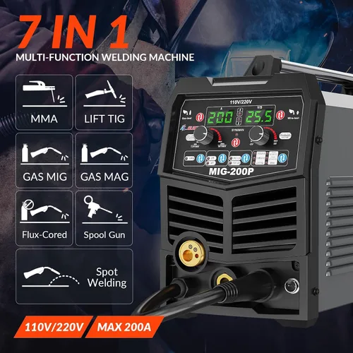 Miniatura 2 de GZ GUOZHI Soldadora MIG de 200A, 7 en 1 Gas MIG/MAG/MIG sin Gas con Núcleo Fundente/TIG por Elevación/Electrodo/Soldadura por Puntos/Pistola