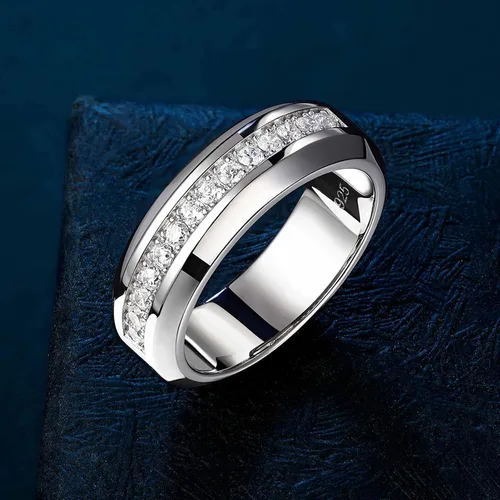 Miniatura 2 de Anillo de boda de oro blanco para hombre, plata de ley 925 con 13 circonitas cúbicas de corte redondo, anillo de compromiso para él, talla 7-14