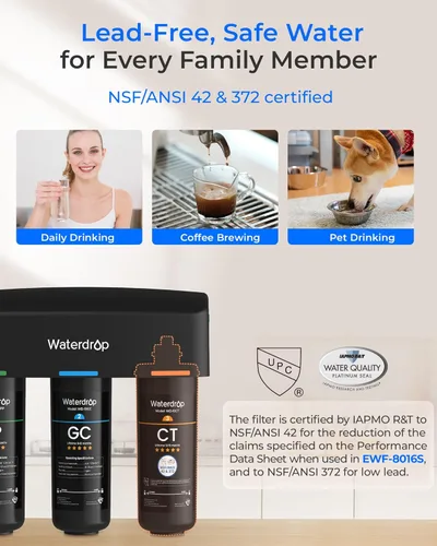 Miniatura 4 de Waterdrop TSA filtro de agua de 3 etapas debajo del fregadero, conexión directa al grifo del hogar, elemento certificado NSF/ANSI 42, EE.UU. Tech