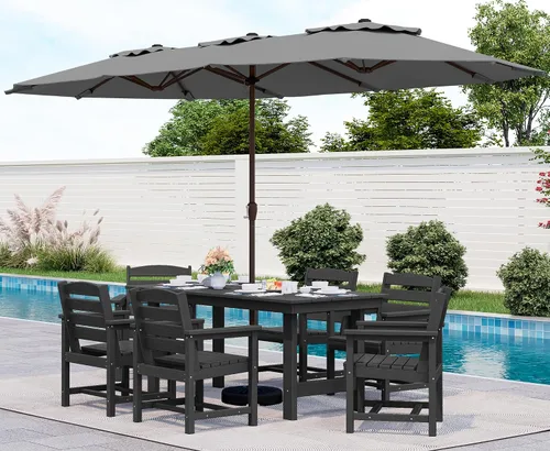 Miniatura 34 de SERWALL Juego de mesa de comedor de 7 piezas, muebles de comedor de polietileno de alta densidad para exteriores con agujero para paraguas y 6 Negro
