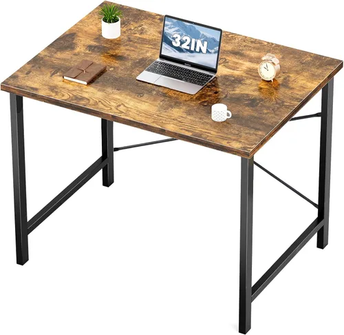 Miniatura 21 de Sweetcrispy Escritorio de oficina pequeño para computadora de 32 pulgadas, para estudiar, escribir, trabajar con marco de metal, mesa de madera