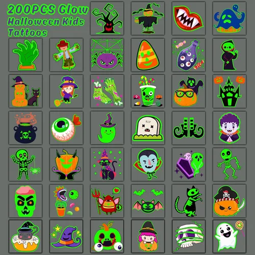 Miniatura 3 de U-Goforst 200 tatuajes de Halloween, recuerdos de fiesta de Halloween que brillan en la oscuridad, tatuajes temporales de Halloween, golosinas