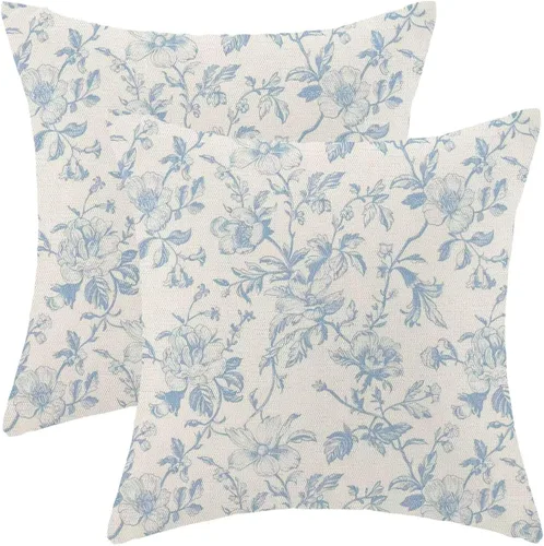 Juego de 2 fundas de almohada florales de color azul bebé de 16 x 16 pulgadas, fundas de almohada decorativas de flores chinoiserie vintage, fundas