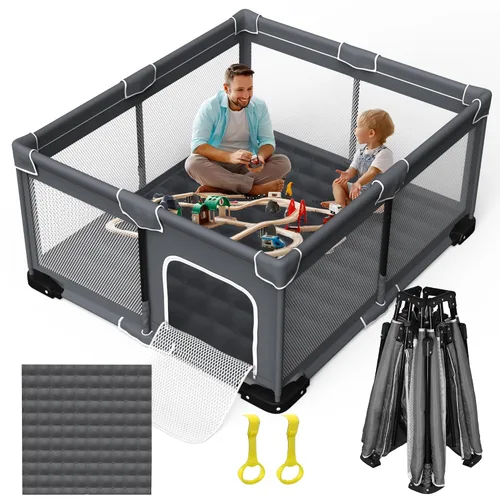 Miniatura 8 de Grobeybees Corralito plegable para bebés con alfombra, corralito plegable grande para bebés y niños pequeños, corral de juegos plegable portátil