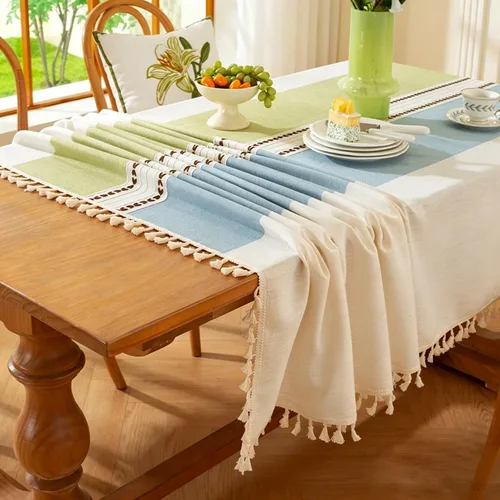 Miniatura 2 de Pahajim Mantel Rectangular a Rayas con Borlas Mantel Grueso de Lino y Algodón para Picnic al Aire Libre, Comedor y Decoración de Cocina para Fiestas