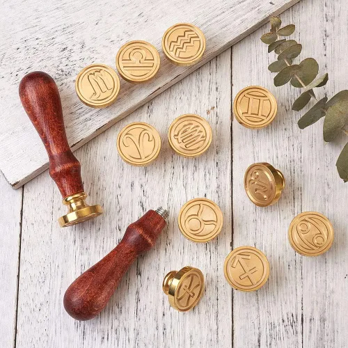 Miniatura 4 de Beadthoven - Juego de sellos de cera con 12 piezas de signos del zodiaco completo con temática de constelaciones, cabezas de latón y 2 asas