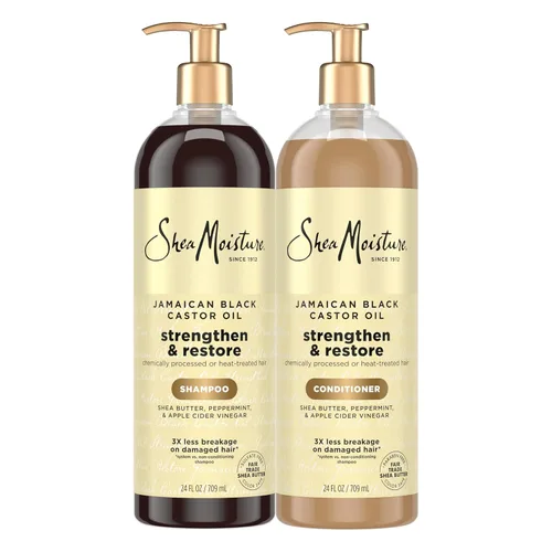 SheaMoisture Strengthen & Restore - Paquete de champú y acondicionador de aceite de ricino negro jamaicano, paquete de 2 unidades para limpiar y