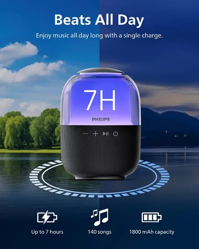 Miniatura 5 de Philips S2108 Altavoz Bluetooth portátil, 5 W RMS, 7 horas de reproducción, emparejamiento estéreo TWS, efectos de luz LED, carga USB-C, graves