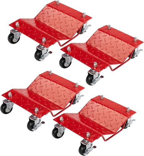 TUFFIOM Juego de 4 carros para automóvil, 8000 libras de capacidad, carrito de vehículos resistentes, patines de neumáticos de acero con frenos,