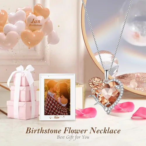 Miniatura 4 de VOROCO Collar de piedra natal de cristal en forma de corazón con flores de cumpleaños, collar de plata de ley 925 con colgante de amor para mujer