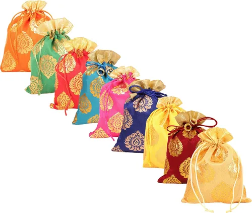 Miniatura 2 de Touchstone Bolsas de cordón tradicionales indias hechas a mano en tejido brocado con patrón de hojas de ficus. Perfecto para regalos, joyas, bodas