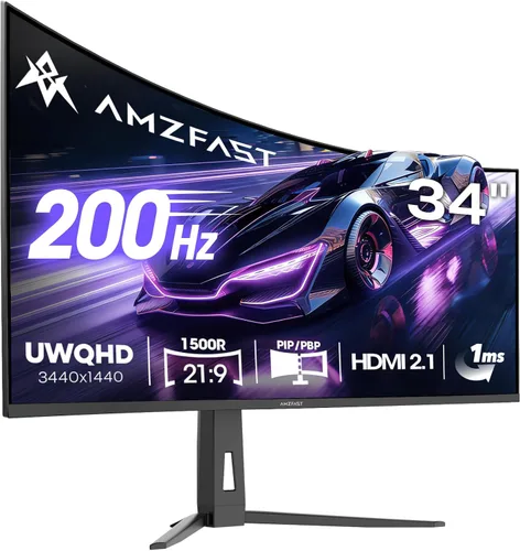Amzfast Monitor curvo de 34 pulgadas 200Hz UWQHD (3440x1440) Monitor de juegos, 1ms G-SYNC compatible, 1500R, PIP/PBP, 131% sRGB,