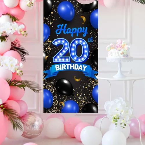 Miniatura 7 de Cartel de fondo azul y negro de feliz cumpleaños número 20, decoración temática de globos de confeti para niñas y mujeres de 20 años, decoraciones